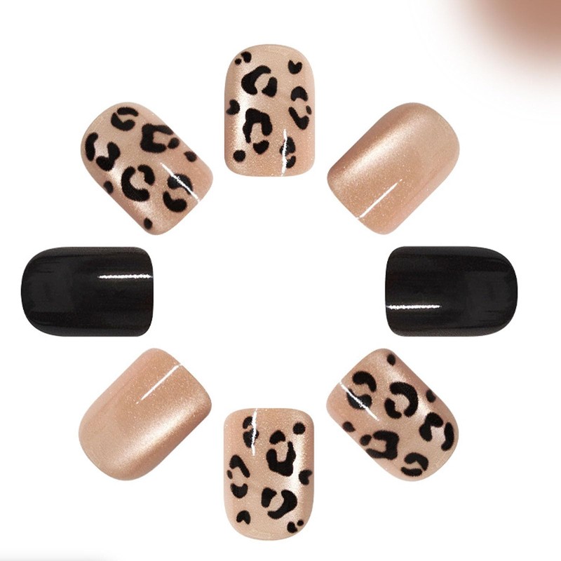 Fall Press on Nails Short Square Fake Nails with Leopard