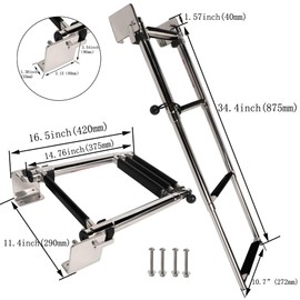 Marine 316 Stainless Steel Telescoping Folding Transom Ladder, 4 Steps with Self-Lock Transom Mount Brackets