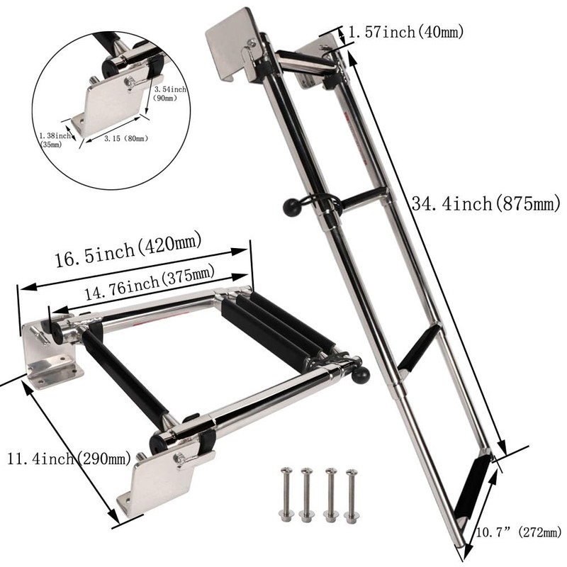 Marine 316 Stainless Steel Telescoping Folding Transom Ladder, 4 Steps