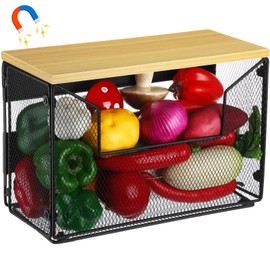 Colingmill 1 Set Magnetic Basket for Fridge Fruit Potato & Onion Storage Bins Shelf Large Container Magnetic Basket with Wood Lid Pantry Organizer for Refrigerator, Kitchen Counter