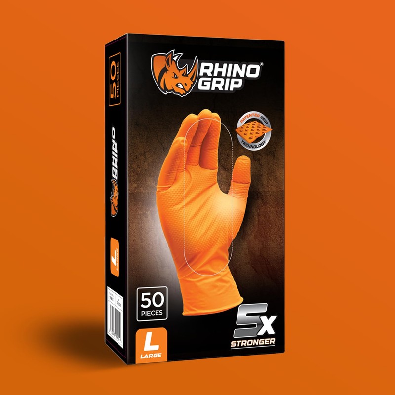 RHINO GRIP Nitrile Gloves - Disposable Gloves, Diamond Grip Orange