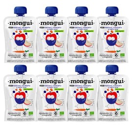 Snack orgánico para peques | Pack 8 pouches Manzana, Zanahoria y Mora Azul | Sin azúcares añadidos, Sin conservadores, Sin saborizantes | BPA Free | Empresa B | MONGUI