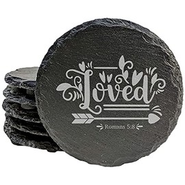 Faith and Hope: Laser Etched Faith & Flowers: Floral Coasters with Romans 5:8 - Round Slate - set of 8