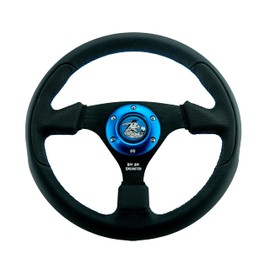 POLARIS RZR LEATHER STEERING WHEEL 170, 570, 800, 900, 1000, TURBOS, RS1, PRO, BLUE THREAD/BLUE LOGO