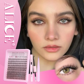 ALICE Eyelash Extension Kit Natural Lash Clusters kit with Bottom Lashes Wispy Cluster Lash Extensions Kit C Curl 10-16mm Eyelash Clusters 144pcs Lash Bond and Seal Tweezers DIY Lash Extension at Home