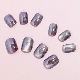 Wine Red Press on Nails Short Square Glossy False Nails with Glitter Designs Summer Fake Nails Reusable Glue on Nails Full Cover Acrylic Nails Kit for Women Girls Manicure Decoration 24 Pcs