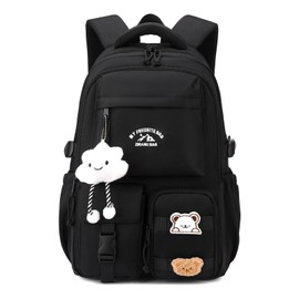Amythe School Backpack Girls Teenagers School Bag Girls Large with Many Compartments Casual Backpack School with Cute Tags and Badges for Girls 3rd to 7th Grade, black