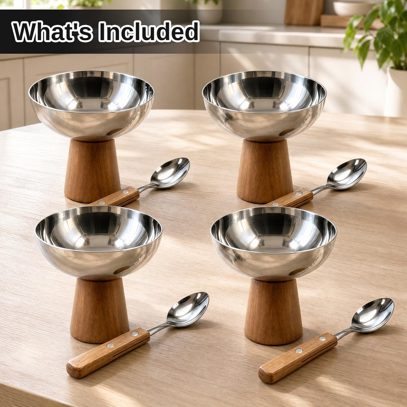 Lonshield Stainless Steel Dessert Bowls Set of 4 with Wooden