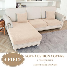 LA MEACK Couch Cushion Covers for Sectional Sofa L Shape Washable Separate Seat Chaise Couch Cover Stretch Sofa Slipcovers with 2 Pcs Pillowcases(2 Seater + 1 Chaise, Natural)