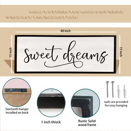 Sweet Dreams Wall Decor Above Bed Sign 40" x 15" Master Bedroom Wooden Antique Framed Large Rustic Farmhouse Guest Room Beautiful Simple Hanging Plaque Over Bed Wall Art (Black)