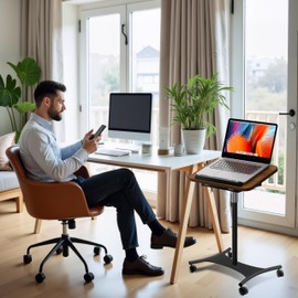 Rolling Laptop Floor Stand, Dual-Purpose for Desk & Floor, Adjustable Height from 16.5" to 51", with 4 Lockable Casters & Book Page Clips, Portable Laptop Stand Ideal for Projectors, Books, Ipads