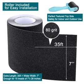Anti Slip Traction Tape with Roller, 7 Inch x 35 Ft Non Slip Grip Tape for Stairs Outdoor/Indoor, Waterproof Anti Skid Grit Roll for Stair Steps, High Traction Non Skid Abrasive Stair Treads- Black