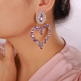 Large Heart Rhinestone Crystal Dangle Earrings Statement Drop Earrings Brides Love Heart Stud Earrings Fashion Earrings Jewelry for Women (Purple, One size)