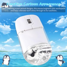 Wireless Mouse -Cute Clear Aqua Design, Water Mouse with Optical Precision, Silent Clicks, Lightweight & Floating Animal Transparent Retro Style for Home Office, Great for Kids & Adult(Penguin-White)