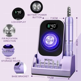 Professional Nail Drill Bit 40000RPM Urbuti 12 in 1 Electric Nail File 4000mAh with LCD Display Adjustable Speed Quiet Portable for Living Room Home (Purple)