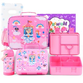 rockpapa 5 Compartment Bento Lunch Box with Ice Pack for Kids with Uensils & Insulated Water Bottle & Lunch Bag, BPA-Free Lunch Containers Set for School Boys Girls Ages 3+ (Pink Fairies)