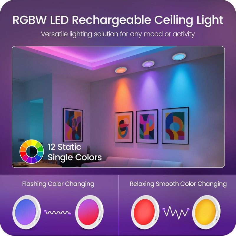 GOEBLESON Rechargeable Motion Sensor Ceiling Light with Remote, RGBW LED