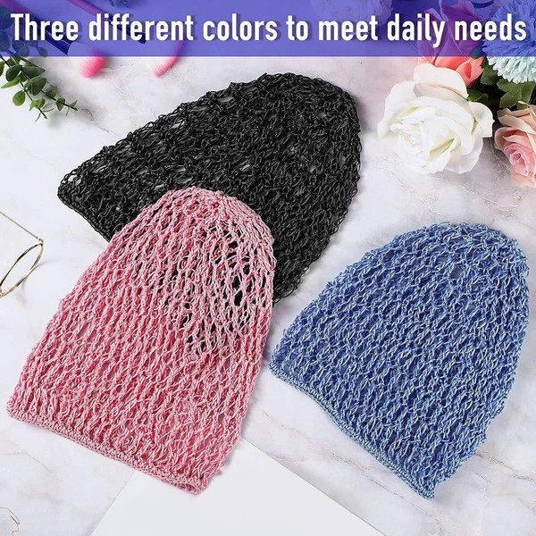 Giugu 3 Pieces Mesh Hair Net Rayon Crochet Hair Nets Knit Snood Hat Crocheted Sleep Cap (Black, Sky Blue, Pink)