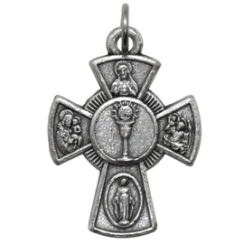 Four Way Cross Medal Pendant | Silver-Tone Metal with Embossed Symbols | First Holy Communion Chalice Center | Great Catholic Gift | Devotion to Jesus, Mary and the Saints