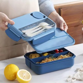 Scizorito Bento Box Adult Lunch Box, 44 oz Containers with 4 Compartments, Lunchable Food Container with Utensils, Sauce Jar, Microwave & Dishwasher Safe (Blue-Blue)