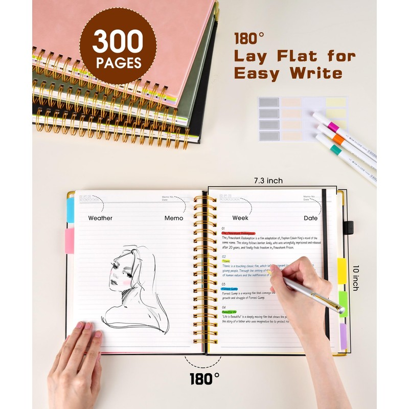 Hardcover Spiral Notebook journal with Removable Dividers Tabs, 300 Pages