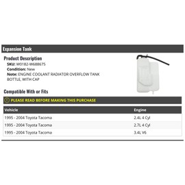 Radiator Coolant Overflow Expansion Tank with Cap - Compatible with 1995-2004 Toyota Tacoma