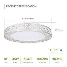 ASD 18 Inch LED Flush Mount Ceiling Light Fixture for Bedroom, 35W 1992LM 5CCT 2700K-5000K, Dimmable Lights, Dining, Living Room, Kitchen Lamps, Modern Home Lighting Fixtures, Nickel, ETL, 2 Pack