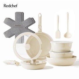 redchef 16pc Redchef Ceramic Pots and Pans Set Non Stick, NonstickKitchen Cookware Set with Detachable Handle, NonToxiC, PFAS PFOA & PTFE Free, RV Ceramic CookwareSet for Camping, Dishwasher/Oven Safe cookware - Colour: Beige