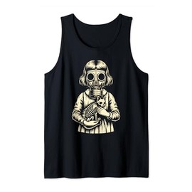 Creepy Girl Wearing Gas Mask and Holding a Cat Skeleton Tank Top