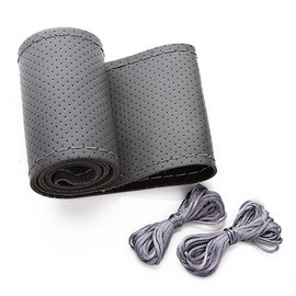 BELINOUS Universal Leather Car Steering Wheel Cover, Stitch On Wrap (Size L4, Gray)