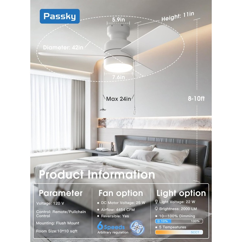 Passky Ceiling Fans with Lights, 42 inch Low Profile Ceiling