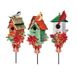 Collections Etc Decorative Holiday Birdhouse Metal Yard Stakes - Set 3