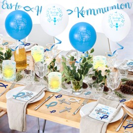 Yotako Communion Decoration, Pack of 135 Confirmation Decoration Boy Table Decoration Communion 4 Lantern Fish + 40 Napkins + 66 Wooden Fish Decoration + 12 Balloons, First Communion Decoration for