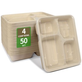 bloomoon bloomoon 4 Compartment Paper Bowls with Lids, Food-Tray-Style 4 Compartment Catering Bowl with Lid, Disposable Lunch Tray for Food Services at Party, Restaurant, Food Court - 50 Bowls 50 Lids