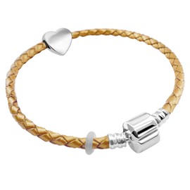 20cm Medium Womens Leather Starter Charm Bracelet with Silver Heart and Gift Box valentines gifts for her (Gold Leather)