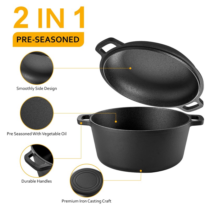 Velaze Cast Iron Dutch Oven Pot with Skillet Lid, 2-in-1
