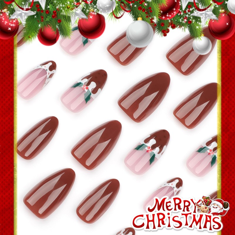 Ceboic Christmas French False Nails - 24Pcs Brown Pure Color