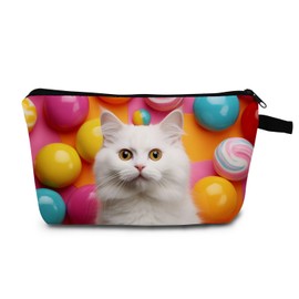 MoCaliduccious Playful Cat Print Makeup Bag Amber-Eyed Cat Art with Neon Sphere Motifs Cosmetic Bag Birthday & Holiday Gifts for Women Pet Lovers