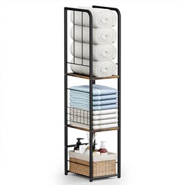 KIMBORA Narrow Towel Storage for Bathroom, 3-Tier Free Standing Bathroom Towel Rack Organizer with Shelf for Small Bath, Pool, Brown