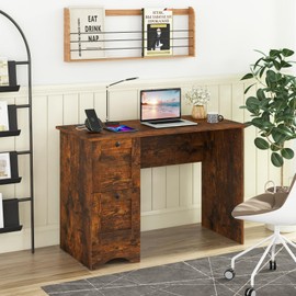 Tangkula Computer Desk with Drawers & Charging Station, Wooden Home Office Desk PC Laptop Notebook Desk, Compact Study Desk Writing Desk, Computer Workstation Ideal for Home & Office (Rustic Brown)