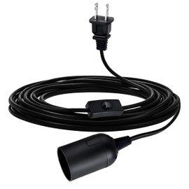 Simple Deluxe 20ft Hanging Lantern Extension Cord Cable, Plug-in E26 Pendant Light Socket with On/Off Button for Kitchen, Living Room (Bulb Not Included), Black, 1 Pack