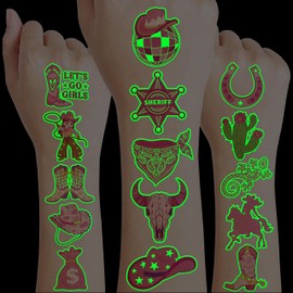 96 PCS Disco Western Cowgirl Pre-Cut Temporary Tattoos for Kids | Super Cute Themed Birthday Party Favors, Supplies, Decorations, Pink Fake Tattoo Stickers (Luminous)