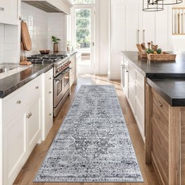 KUTA Washable Kitchen Runner 3x8, Grey Blue White Non Skid Washable 8ft Rug, Printed Vintage Distressed Tribal Area Rugs Ultra Soft Carpet Runners for Bedroom Living Room