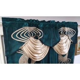 GOHD Spinning Singer. Clipped Voile. Voile Jacquard Window Curtain with Attached Fancy Valance and Taffeta Backing. 2pcs Set. Each pc 54 inch Wide x 90 inch Drop + 18 inch Valance. (Hunter Green)