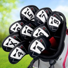 Golf Iron Covers Magnetic Wedge Covers Club Head Covers Set of 9 (4-9, P, A, X) Black & White Synthetic Leather The Golf Father