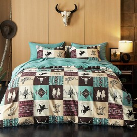 Wake In Cloud - Western Comforter Set with Sheets, Southwestern Aztec Country Horse Cowboy Rustic Ranch Style, 7 Pieces Bed in a Bag, Turquoise Taupe, King Size