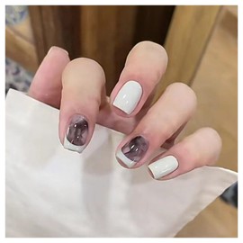 Crymystal Square Press on Nails Gray Gradient French Medium Full Cover Fake Nails Sequins Design Artificial Acrylic White False Nails for Women DIY Autumn And Winter Nail Decorations 24PCS