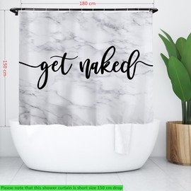 goodbath Marble Shower Curtain Short, Get Naked Waterproof Bathroom Curtains Anti Mould Fabric Bath Curtains, 180cm x 150cm drop, White Black