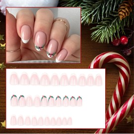 30pcs Christmas French Tip False Nails Short Press On Nails Christmas Fake Nails With Glue Christmas Hat And Elk Festival Holiday Nails French Tip Christmas Stick On Nails Nails Art for Women