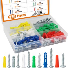 ISPINNER Plastic Drywall Anchors and Screws Assortment Kit, 320pcs Ribbed Anchors for Wall Hanging and Mounting